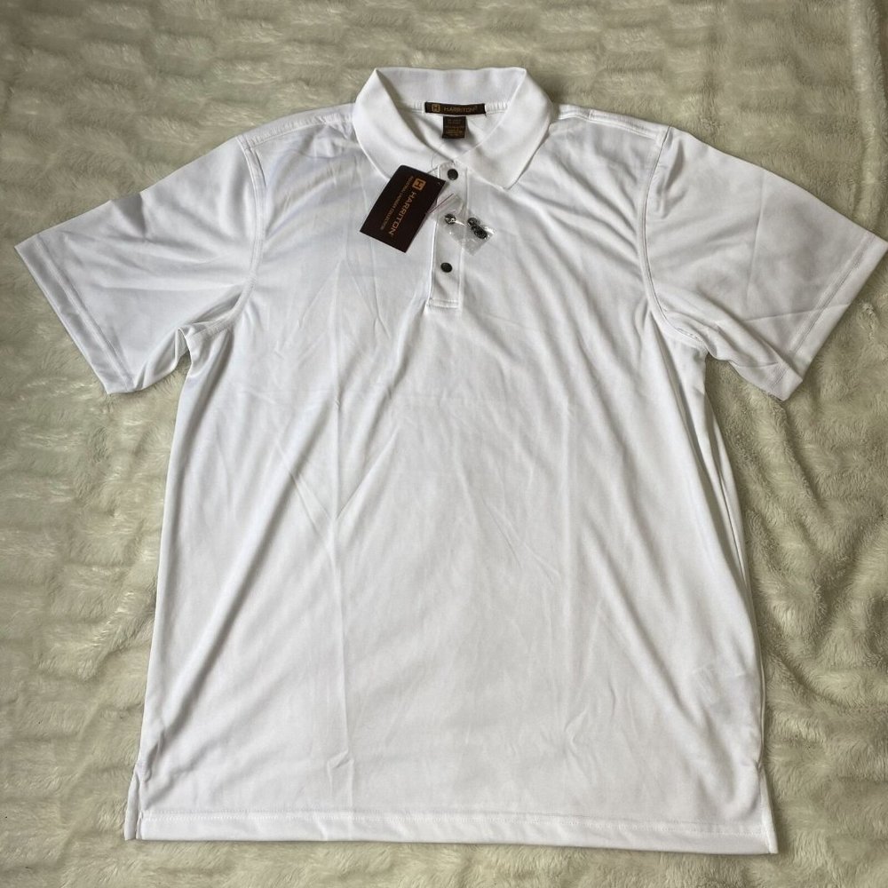 Harriton M345 Mens White Polyester Short Sleeve Collared Polo Shirt Size Medium